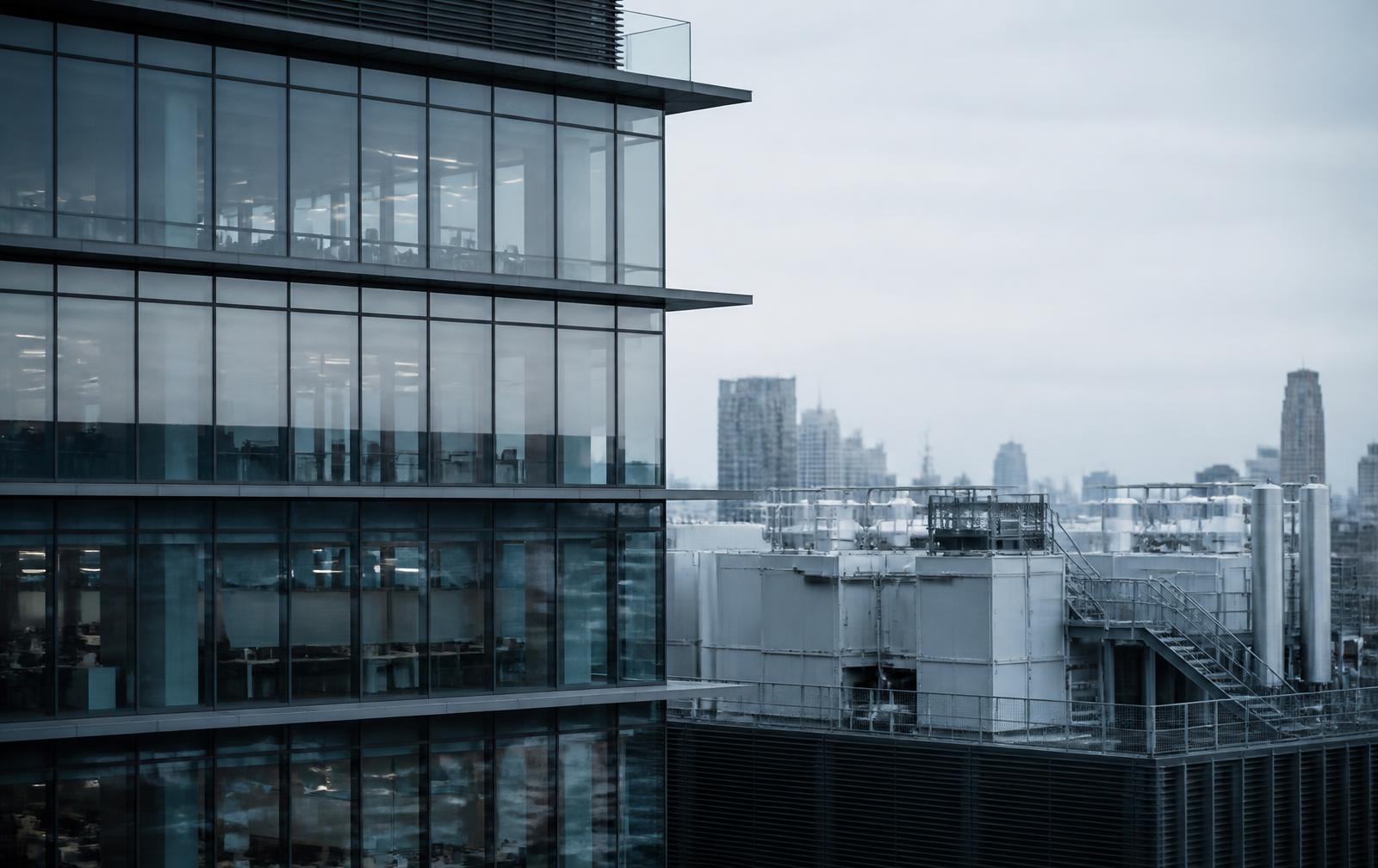 Moderne Bürofassade mit technischer Dachzentrale