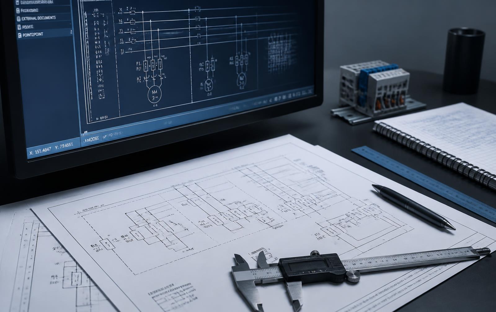 Elektrotechnischer Stromlaufplan am Bildschirm neben gedruckten Planunterlagen